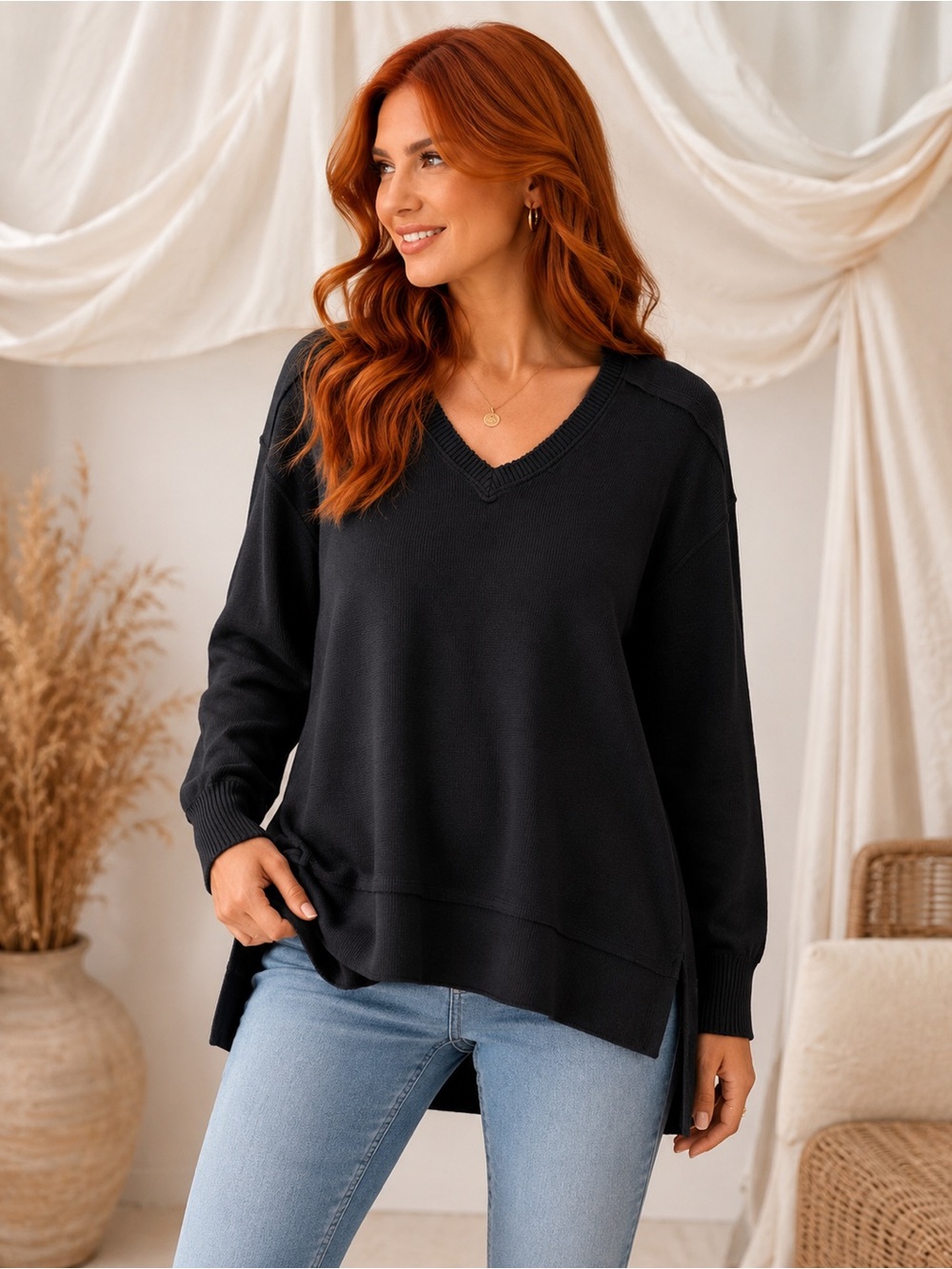 Grey State “Hudson” Deep Black V-Neck Sweater